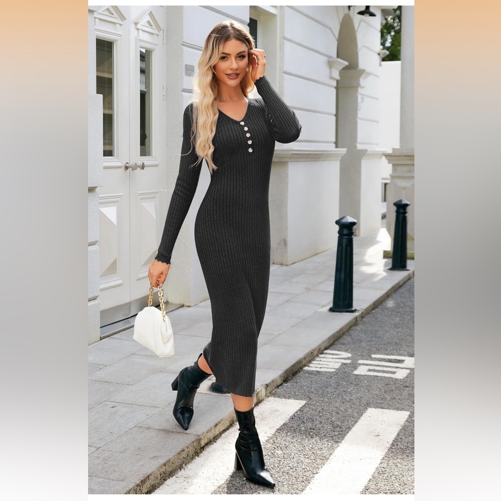 Chic Black Long Sleeve Sweater V- neck Ribbed Knit Maxi Dress Warm Soft Classic